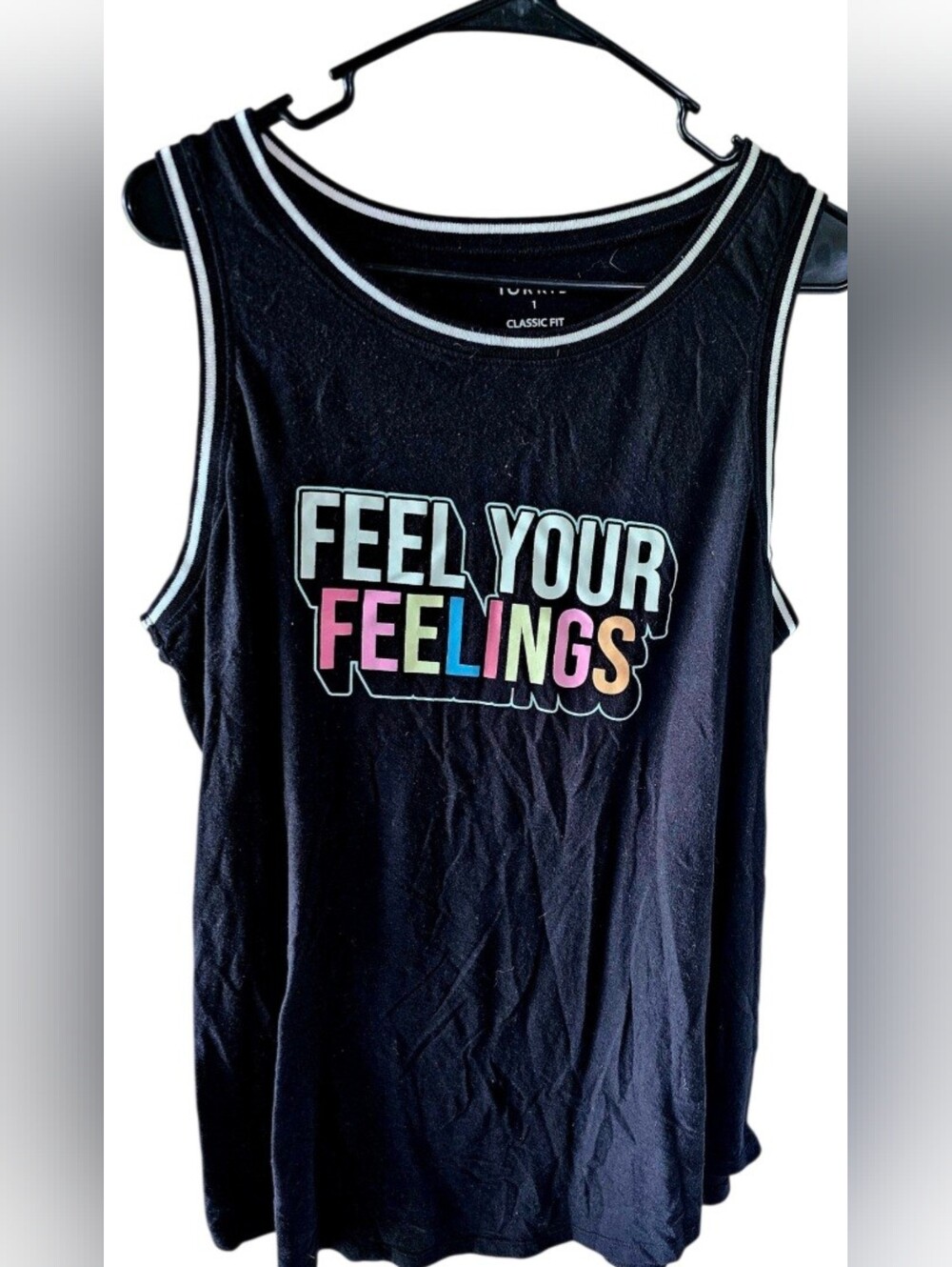 Torrid Feel Your Feelings Graphic Black Ringer Tank Top Size 1
